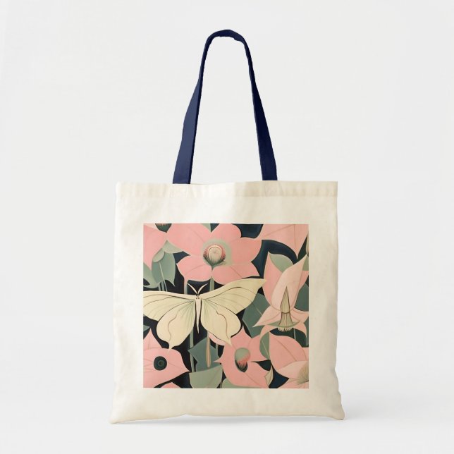 Bolsa Tote Rosa e Creme - Luna Moth e Moonflower (Frente)