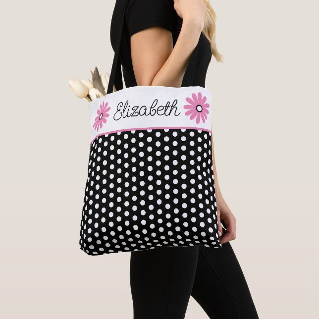 Bolsa Tote Rosa e Preto Com Bolinhas Brancas Personalizadas (Close Up)