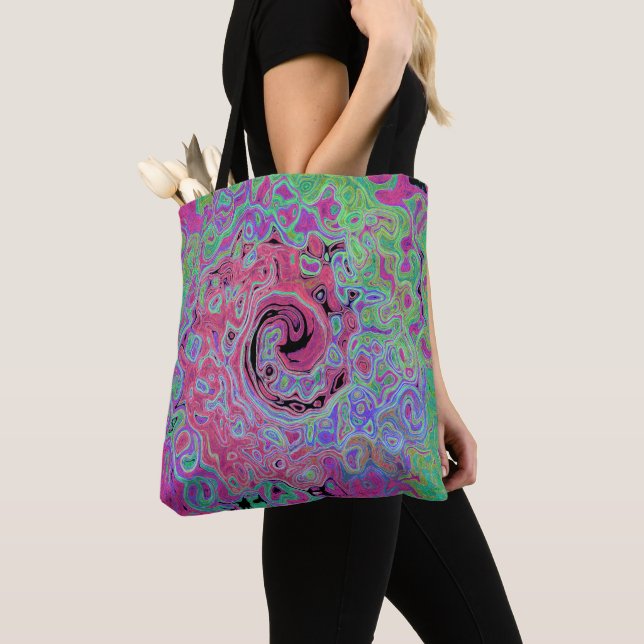 Bolsa Tote Rosa e Verde Lima Groovy Abstrato Retro Espiral (Close Up)