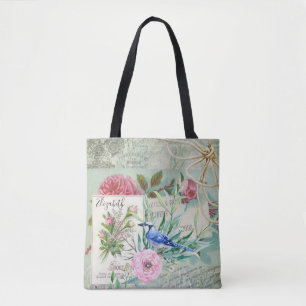 Bolsa Tote Rosa elegante do vintage do pássaro de Jay azul