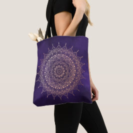 Bolsa Tote Rosa Elegante Dourada no Purple Floral Henna Manda