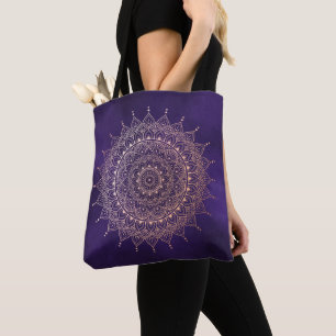 Bolsa Tote Rosa Elegante Dourada no Purple Floral Henna Manda