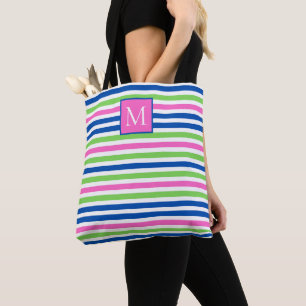 Bolsa Tote Rosa Esportivo Verde e Azul Marinho Listras Monogr