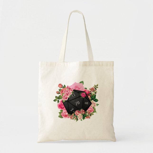 Bolsa Tote Rosa Floral D20 Tabletop RPG - Dispositivo de jogo (Frente)