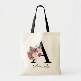 Bolsa Tote Rosa Moderno Boho Floral Feminino Inicial A