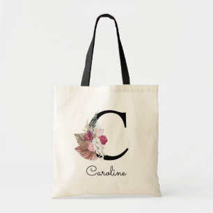Bolsa Tote Rosa Moderno Boho Floral Feminino Inicial C