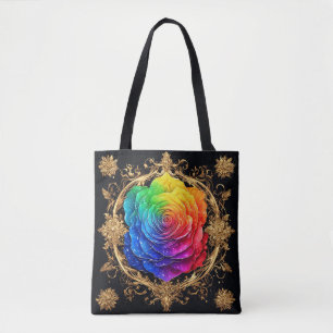 Bolsa Tote Rosa Multicolor com Floreios Dourados Ornamentais