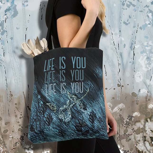 Bolsa Tote Rosa Negra Azul Caprichosa Texto (Whimsical Blue Black Rose Text Tote Bag)