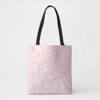 Bolsa Tote Rosa Pálido Grunge com Nome e Crisântemos
