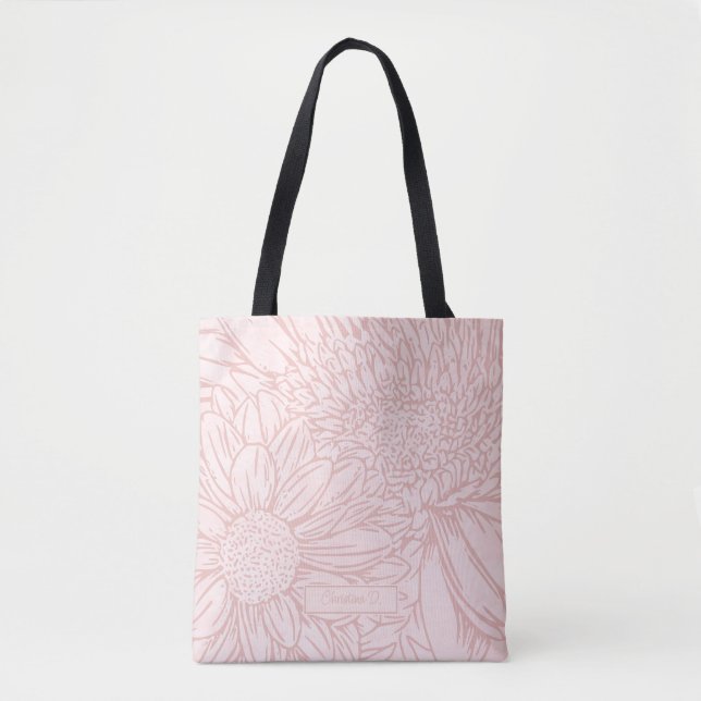 Bolsa Tote Rosa Pálido Grunge com Nome e Crisântemos (Frente)