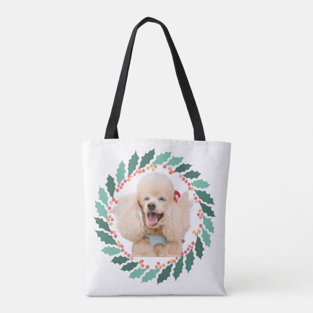 Bolsa tote rosa pastel de Natal com poodle e foto  (Verso)