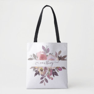 Bolsa Tote Rosa pastel e floral personalizado roxo