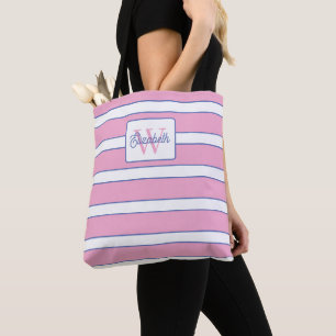 Bolsa Tote Rosa Préppy com Listras Azuis e Brancas Monograma