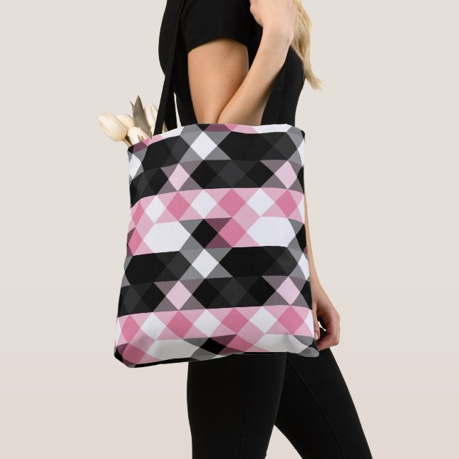 Bolsa Tote rosa preto cinza branco geométrico (Close Up)