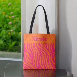 Bolsa Tote Rosa Quente Ousado e Laranja Abstrato com Nome