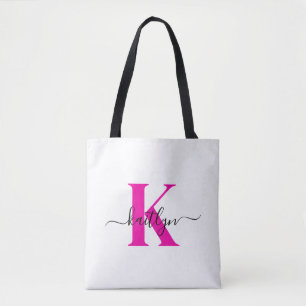 Bolsa Tote Rosa Quente Preto Inicial Nome Monogramado
