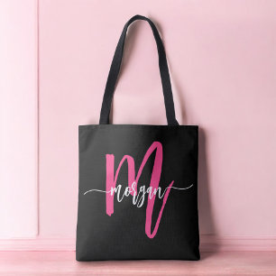 Bolsa Tote Rosa Quente Preto Moderno Nome Monograma Feminino 
