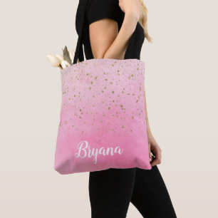 Bolsa Tote Rosa Rosa Rosado e Dourado Brilho Glam Glitter Chi