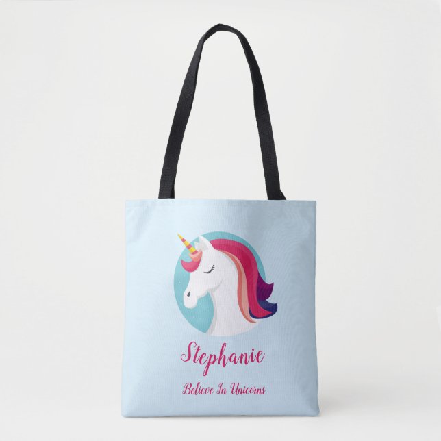 Bolsa Tote Rosa & unicórnio mágico azul - personalizados (Frente)