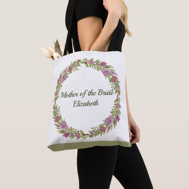 Bolsa Tote Rosa Verde Floral Personalizada para Da (Close Up)