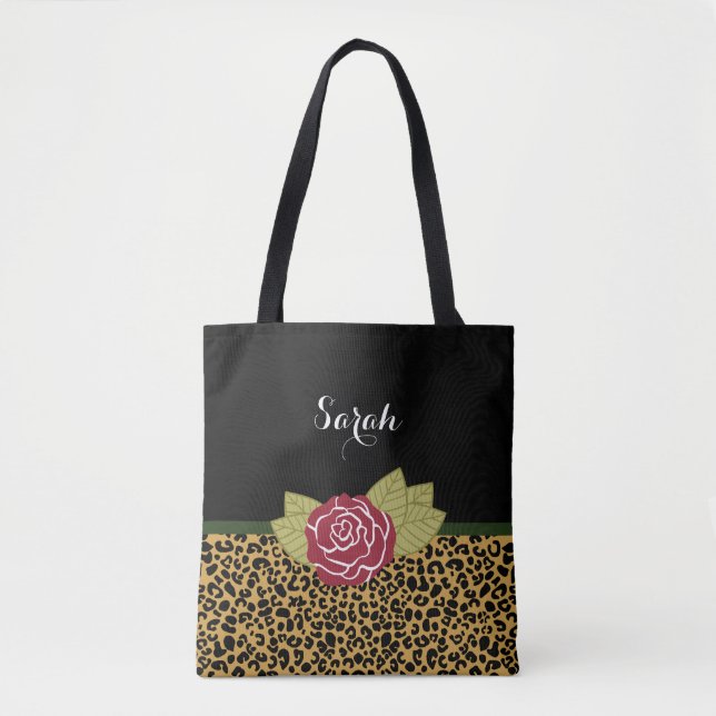 Bolsa Tote Rosa vermelha de Impressão Leopardo Dourada Chic B (Frente)