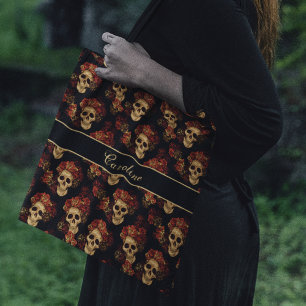 Bolsa Tote Rosa vermelha do crânio Gótico, Dia das Bruxas do