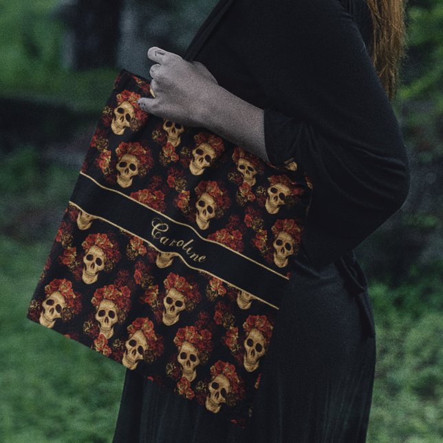 Bolsa Tote Rosa vermelha do crânio Gótico, Dia das Bruxas do  (Criador carregado)