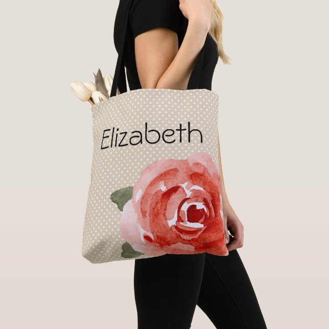 Bolsa Tote Rosa vermelha em Bolinhas brancas e marfim (Close Up)