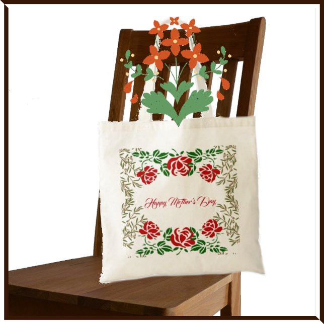 Bolsa Tote Rosa vermelha feliz dia de as mães Verde Floral Cu (Criador carregado)