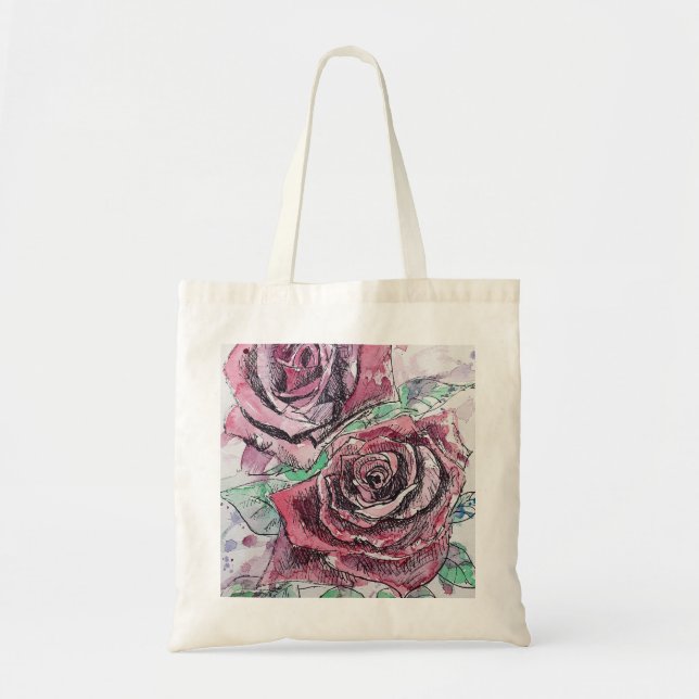 Bolsa Tote Rosa vermelha Flores de Aquarela Pintura Floral (Frente)