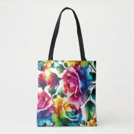 Bolsa Tote Rosas Arco-íris Vibrante Floral Colorido 