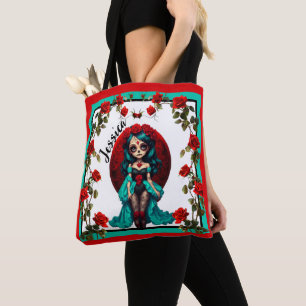 Bolsa Tote Rosas Azuis-esverdeadas e Vermelhas Açúcares Crani
