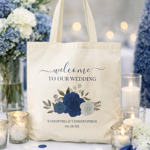 Bolsa Tote Rosas Boho Aquarela Azul Elegante Bem-Vindo Casame