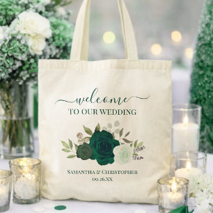 Bolsa Tote Rosas Boho Verde Esmeralda Elegante Boas-Vindas de