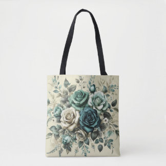 Bolsa Tote Rosas Brancas e Teais