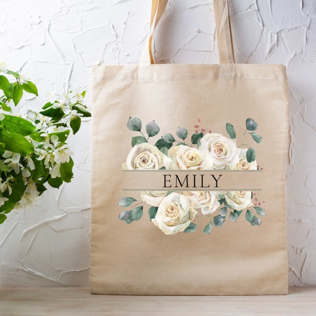 Bolsa Tote Rosas Brancas Elegantes Noiva Custom Nome (Criador carregado)