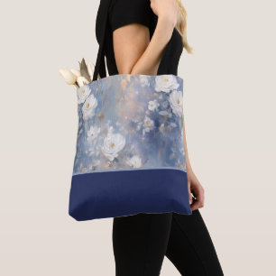 Bolsa Tote Rosas Brancas em Fundo Azul, Bloco de Cor