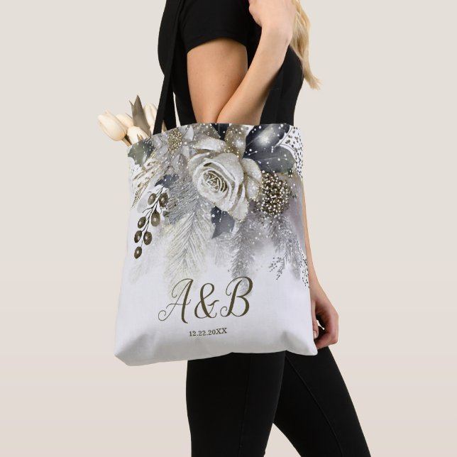 Bolsa Tote Rosas Brancas Flores Douradas Prateadas Aquarela (Close Up)