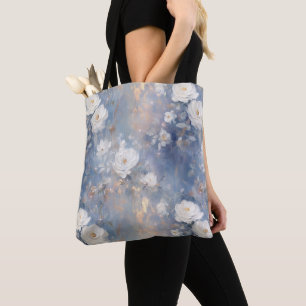 Bolsa Tote Rosas brancas no estilo azul de pintura de óleo
