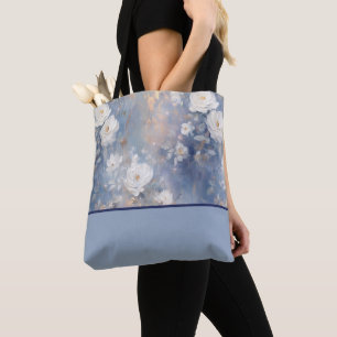 Bolsa Tote Rosas brancas sobre fundo azul, bloco de cores