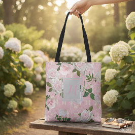 Bolsa Tote Rosas Cor-de-Rosa Elegantes e Monograma Damasco Do