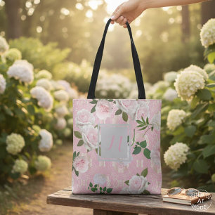 Bolsa Tote Rosas Cor-de-Rosa Elegantes e Monograma Damasco Do