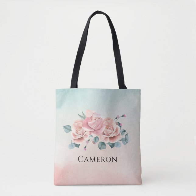Bolsa Tote Rosas Cor-de-Rosa Elegantes Eucaliptos Florais Aqu (Frente)