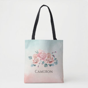 Bolsa Tote Rosas Cor-de-Rosa Elegantes Eucaliptos Floral Aqua