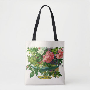 Bolsa Tote Rosas Cor-de-Rosa Florais Vintage, Vaso de Flores