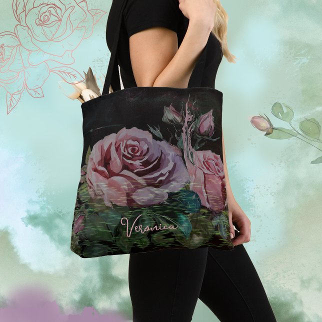 Bolsa Tote Rosas Cor-de-Rosa no Preto  (Pink Roses on Black Tote Bag)