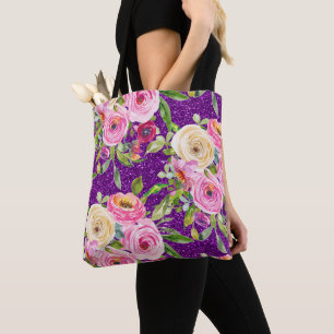 Bolsa Tote Rosas de aquarela, cor-de-rosa e creme, com brilho