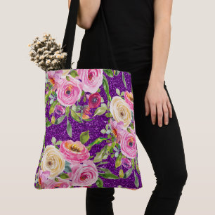 Bolsa Tote Rosas de aquarela, cor-de-rosa e creme, com brilho