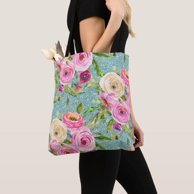 Bolsa Tote Rosas de aquarela rosa e creme (Close Up)
