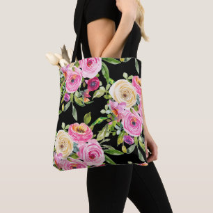 Bolsa Tote Rosas de aquarelas a rosa e creme a preto